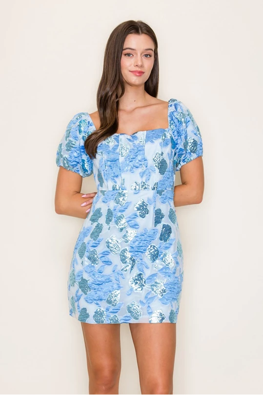 Chambray Puff Sleeve Mini Dress