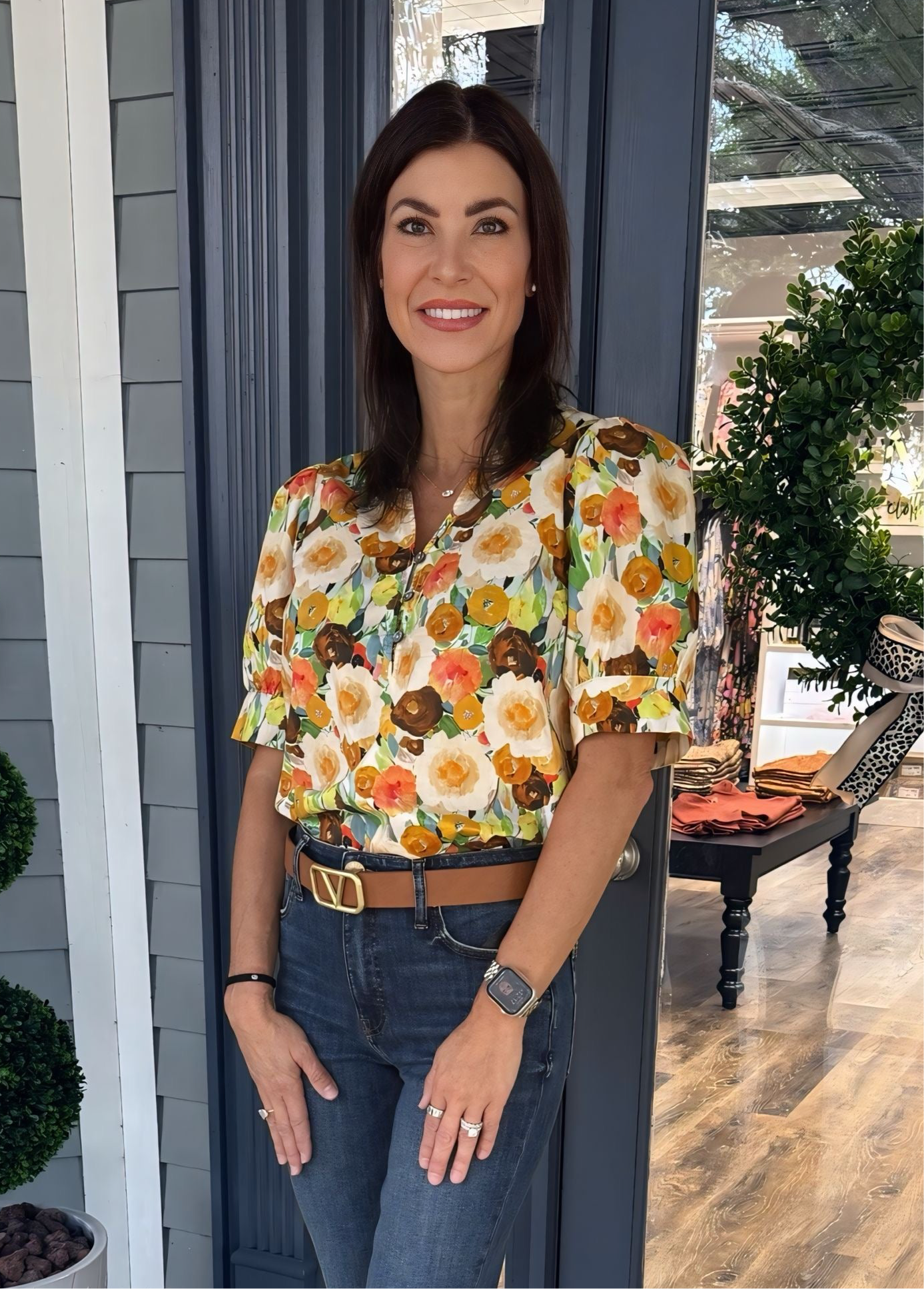 Camel Floral Puff Sleeve