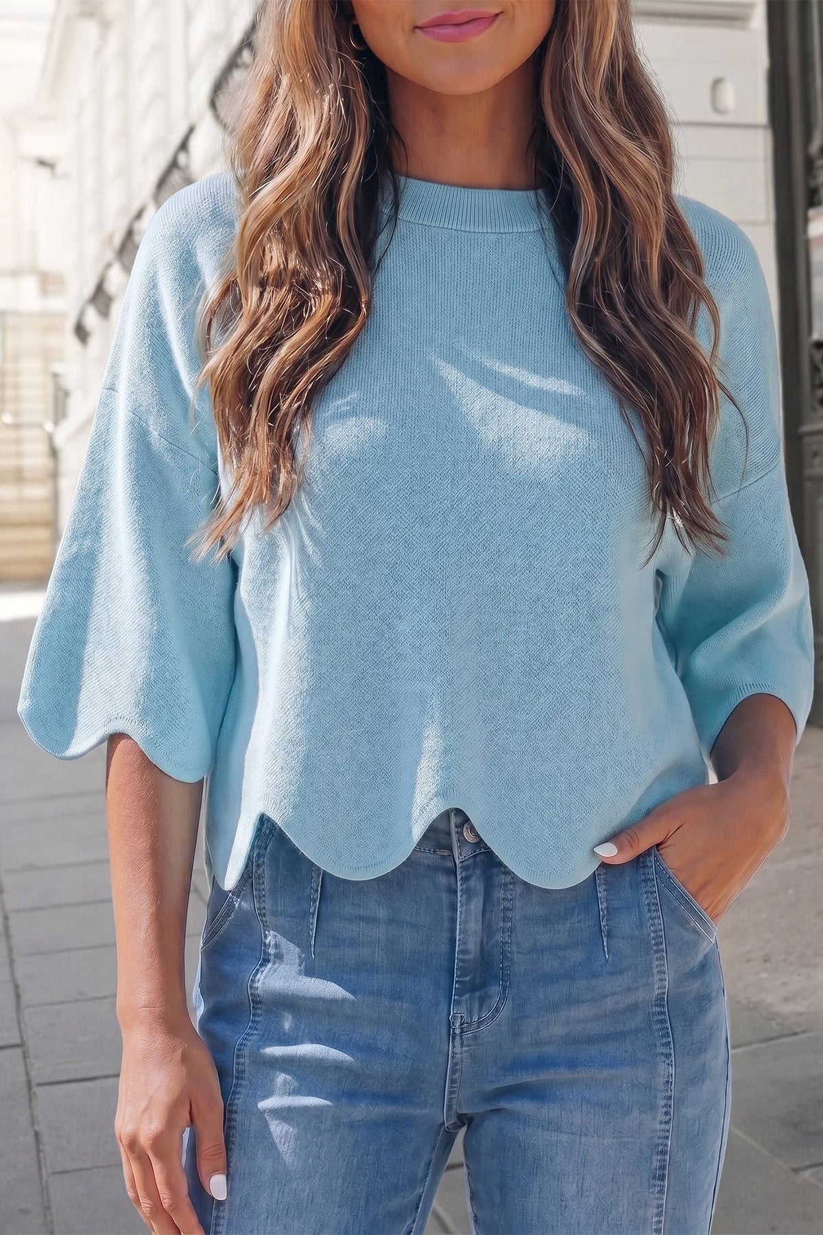Solid Scalloped Hem 3/4 Sleeve Sweater