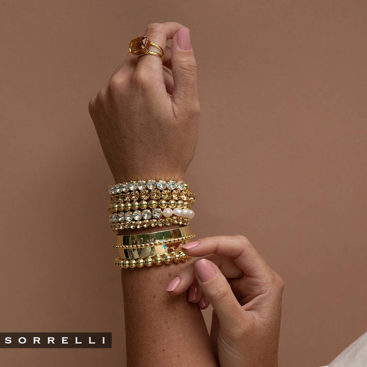 Half Clear Crystal 10k Gold Bead Stretch Bracelet, 7in