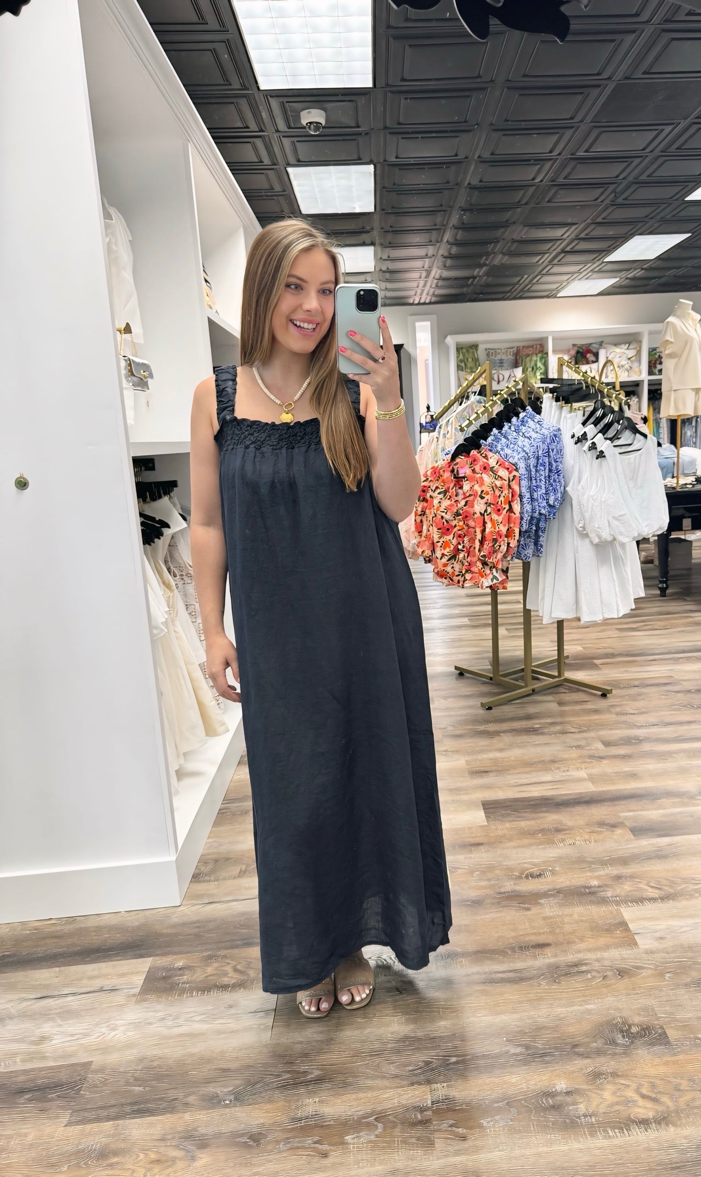 Linen Ruched Chest And Strap Dress