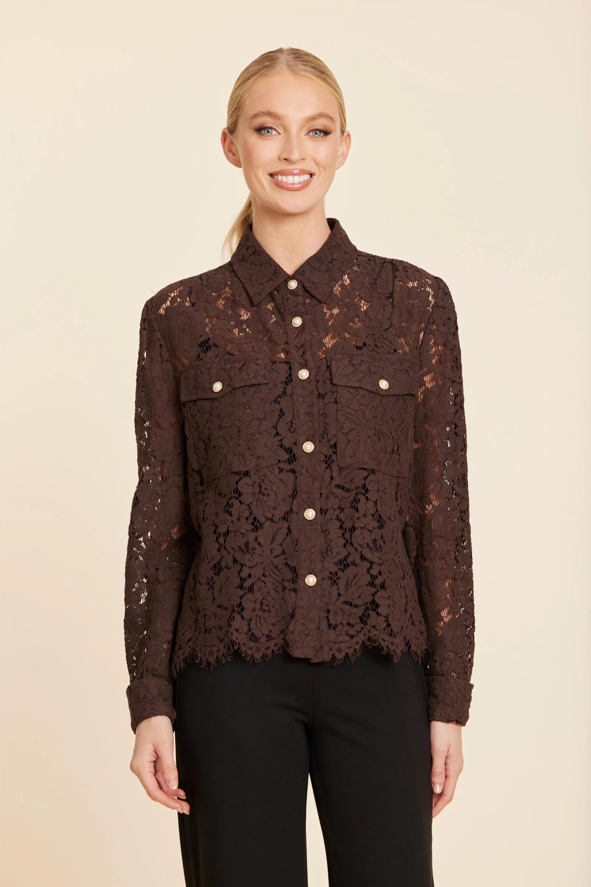 Lace Pearl Button Long Sleeve Blouse