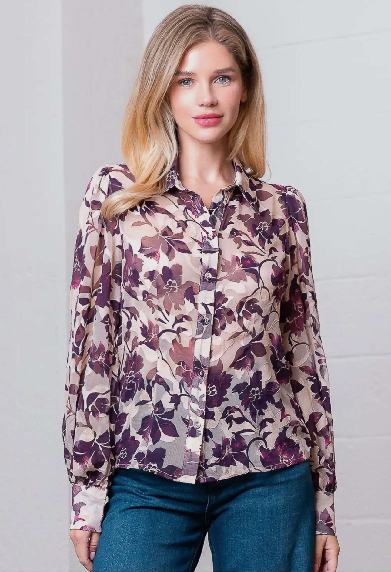 Burgundy Flowers Button Down