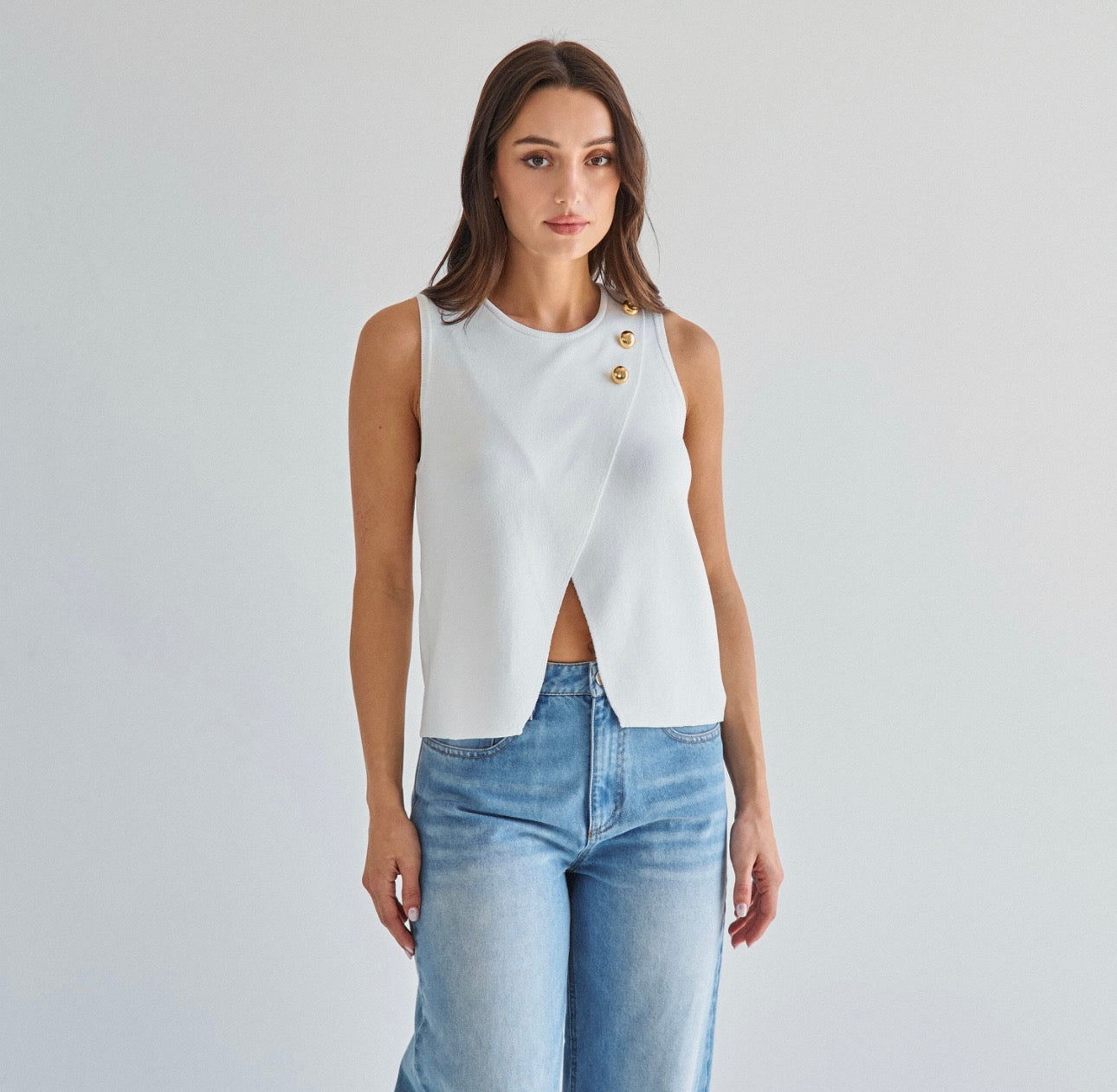 Gold Button Detailed Asymmetric Sweater Top