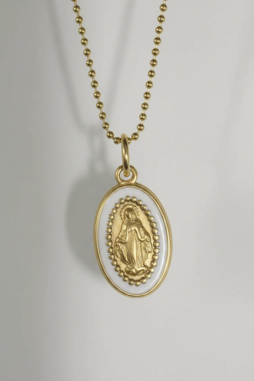 White Enamel And Gold Mary Necklace