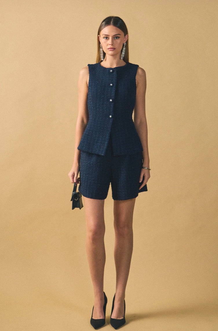 Navy Tweed Button Long Split Top