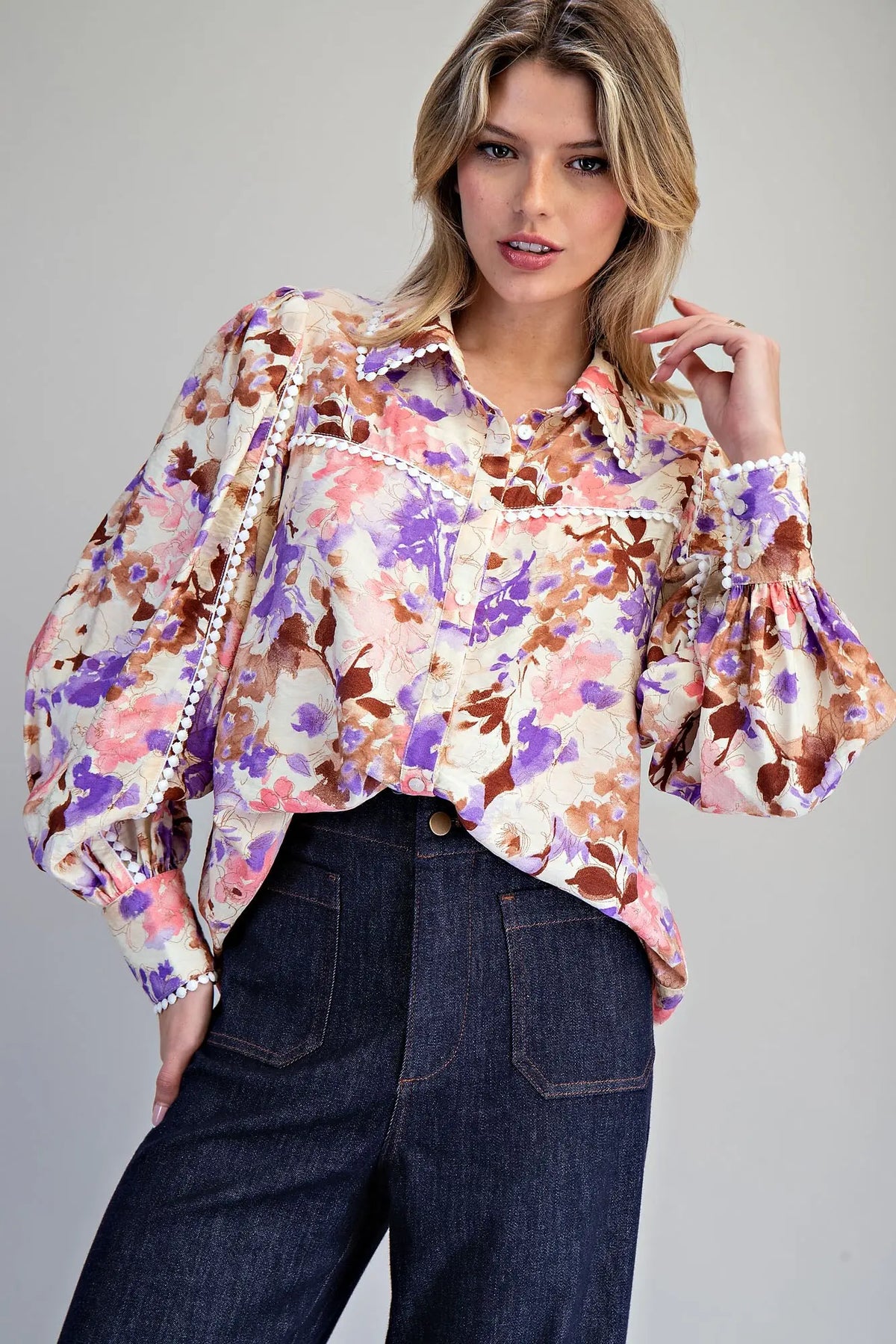 Coconut Blush Pom Trim Blouse