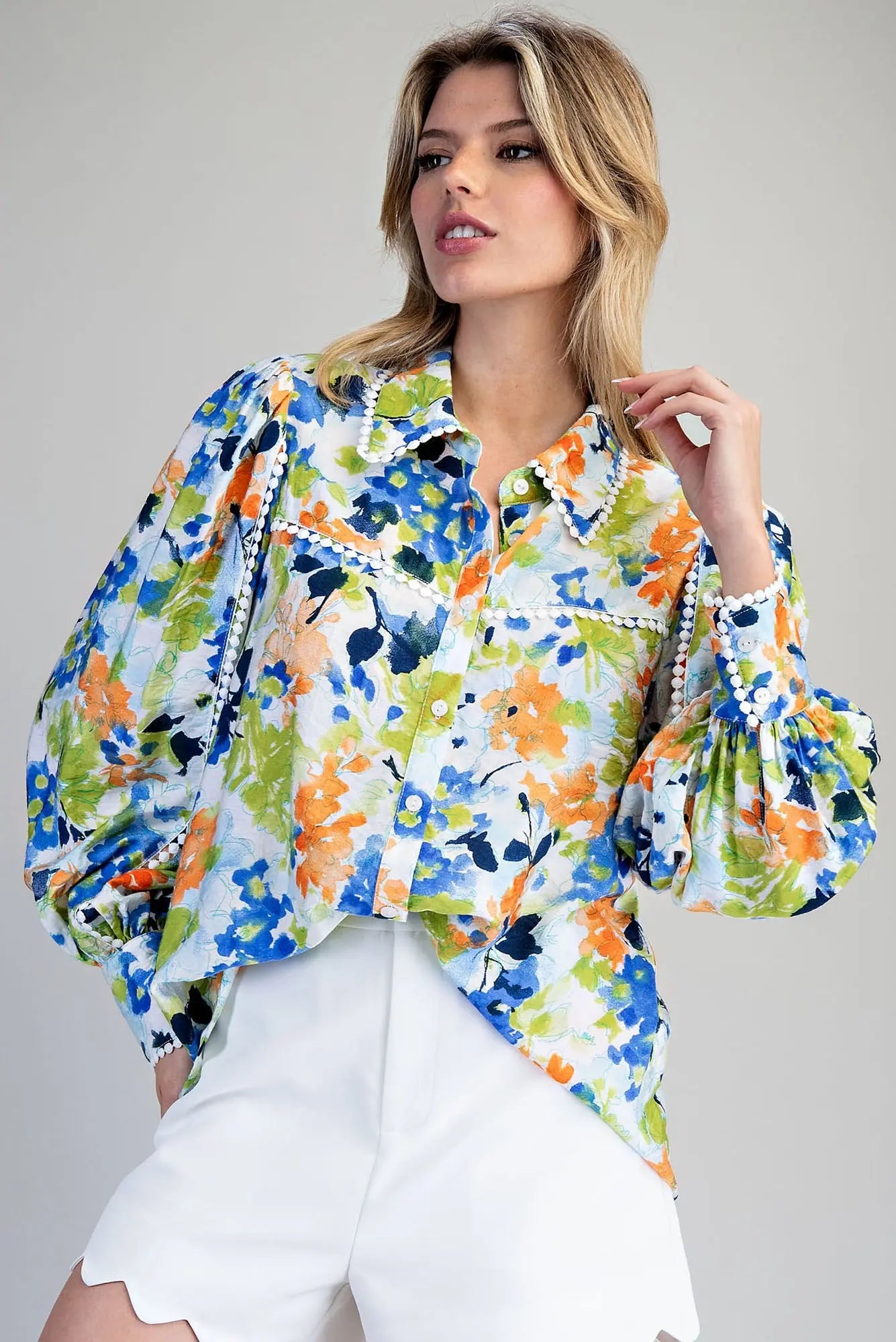 Spring Green Pom Trim Blouse