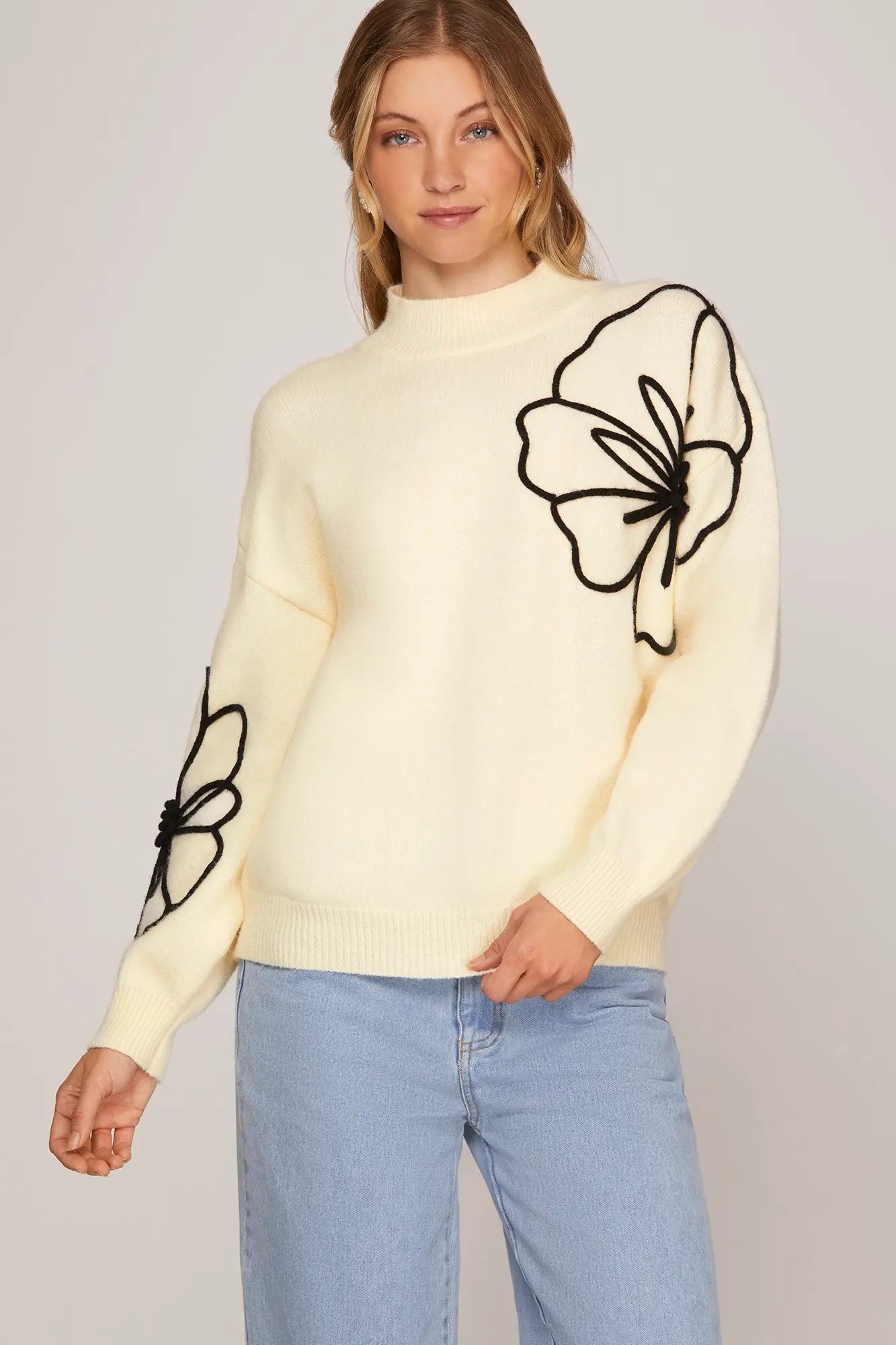 Long Sleeve Flower Embellishments Sweater Top