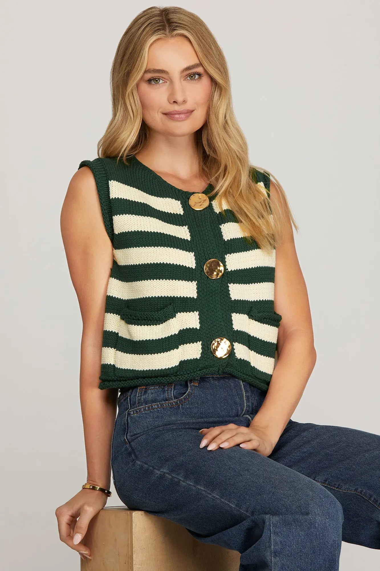 Sleeveless Striped Button Knit Sweater