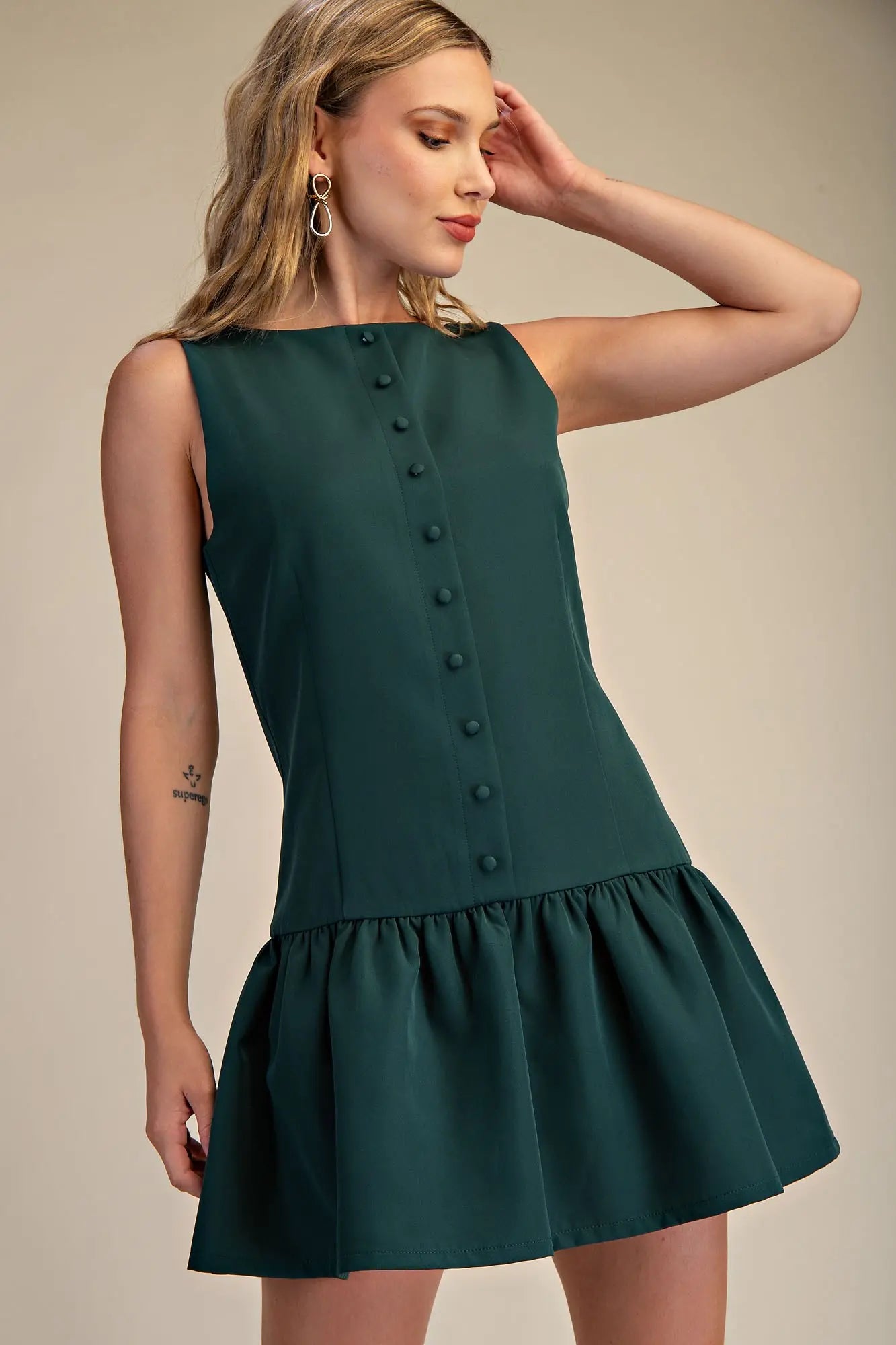 Boat Neck Sleeveless Button Down Mini Dress