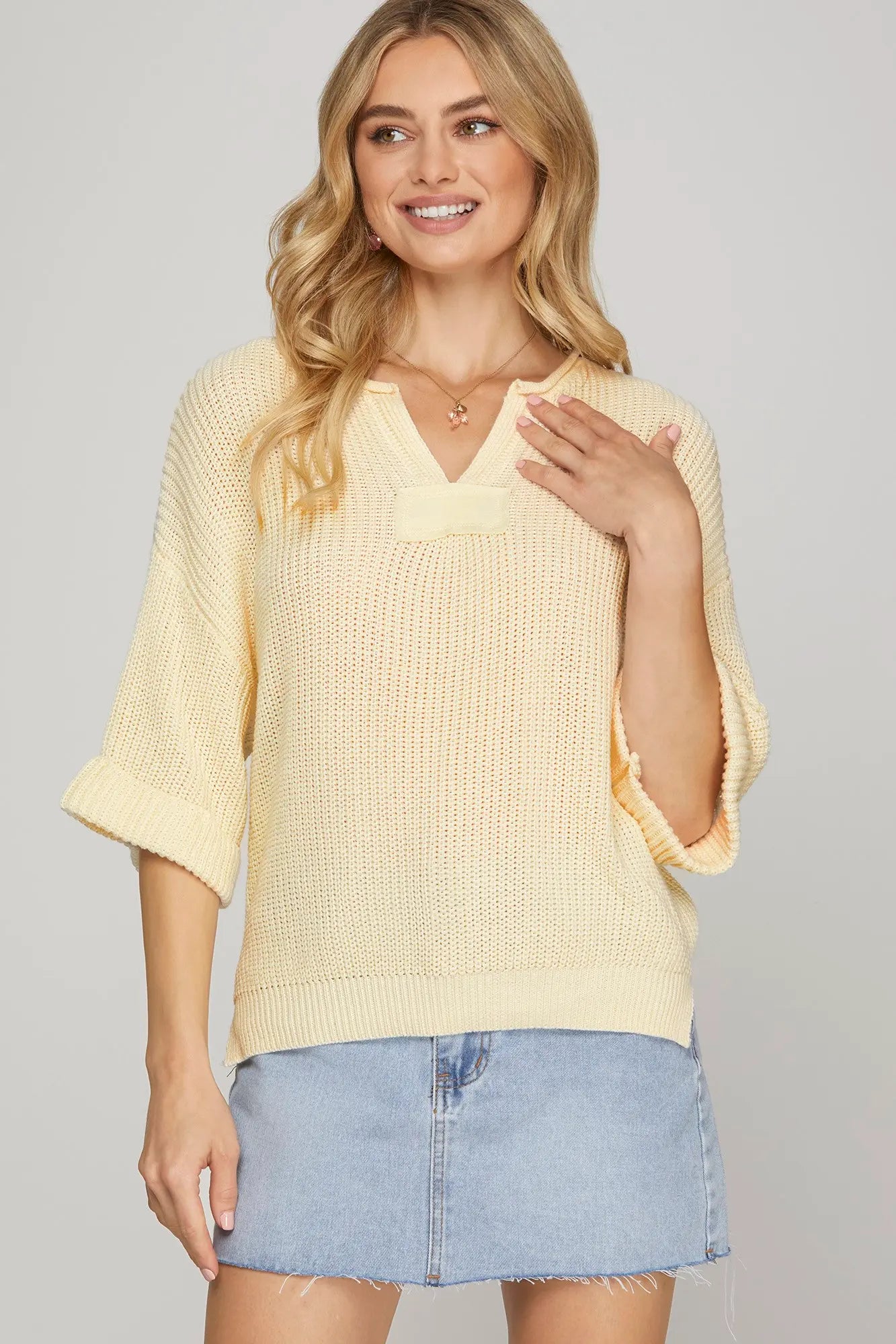 Waffle Knit Quarter Sleeve Sweater