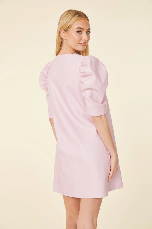 Vegan Leather V-Neck Puff Shoulder Dress