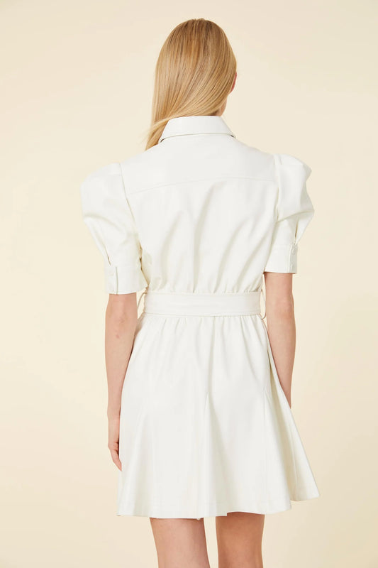 Vegan Leather Puff Sleeve Belted Skate Dress
