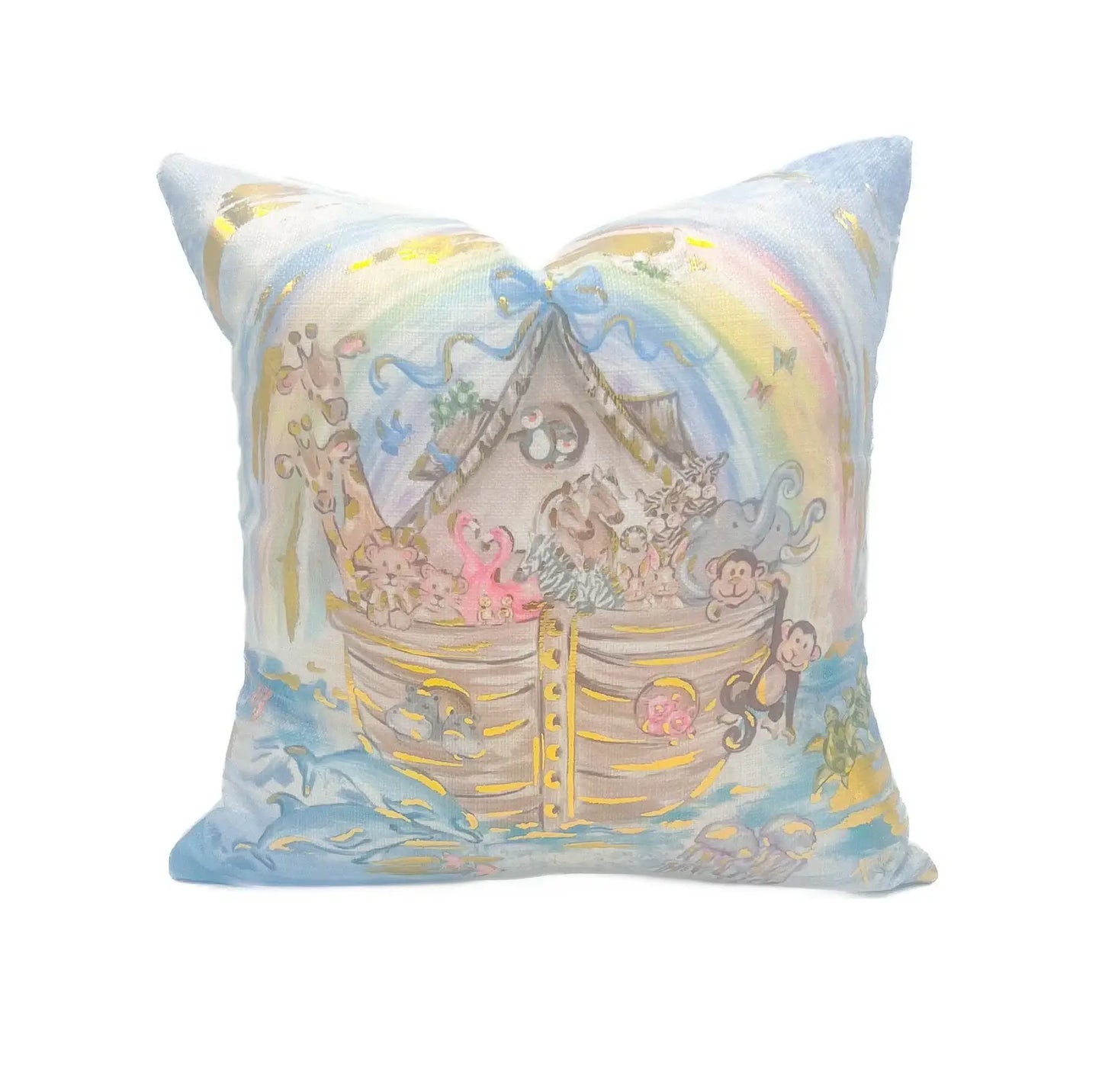 Gold Foil Noah's Ark with Blue Bow Pillow