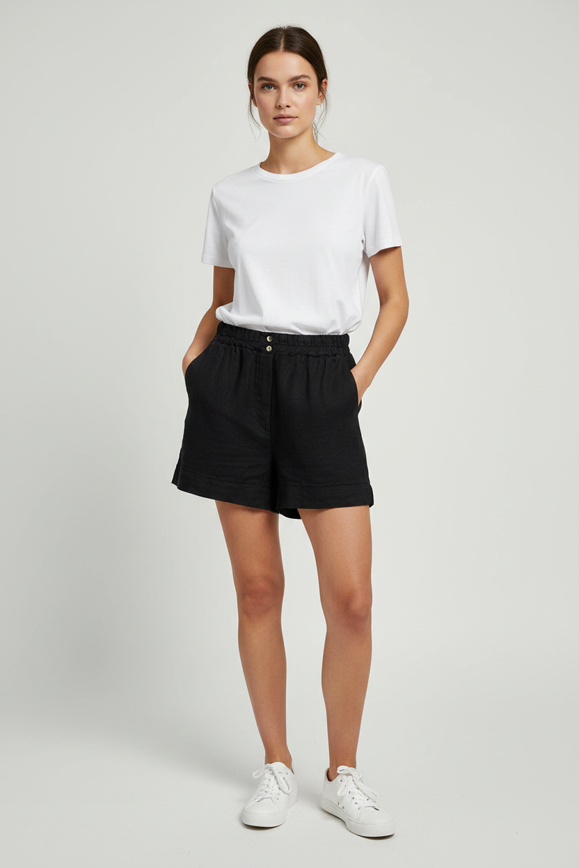 Button Detail Elastic Waistband Linen Shorts