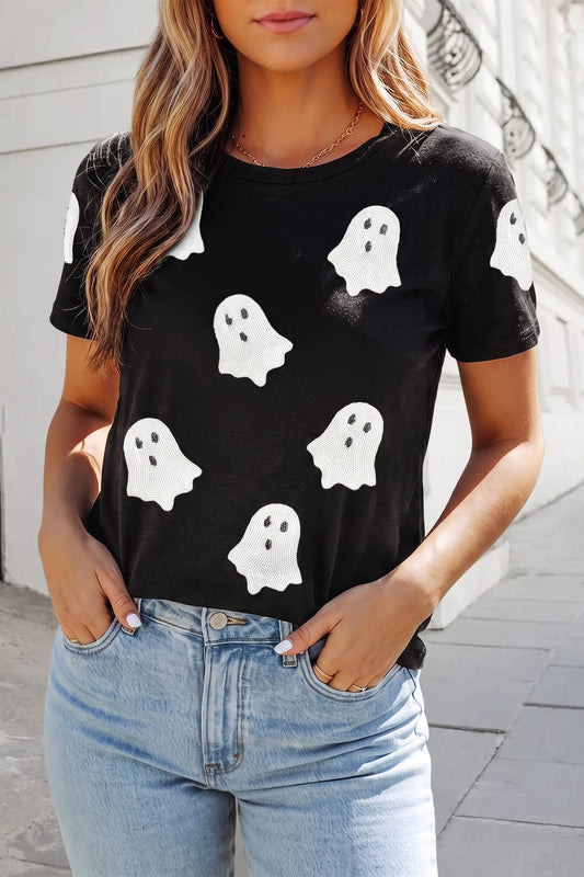 Sequin Halloween Ghost Graphic T Shirt