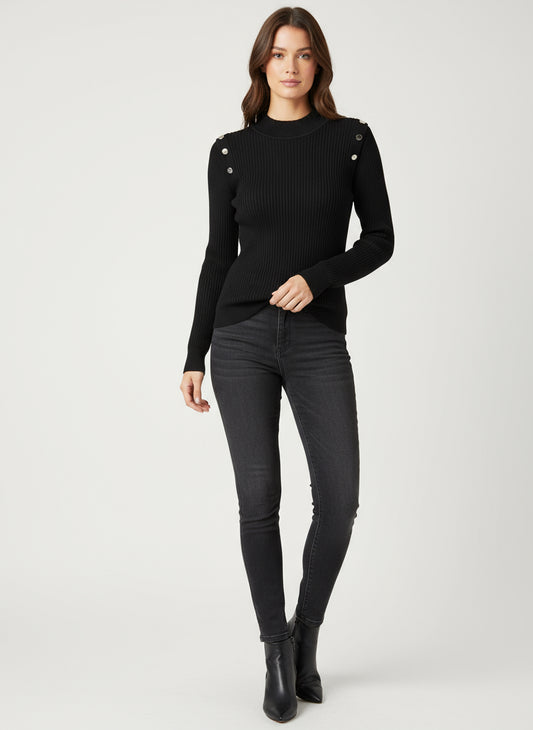 Black Ladies Knitted Button Sweater