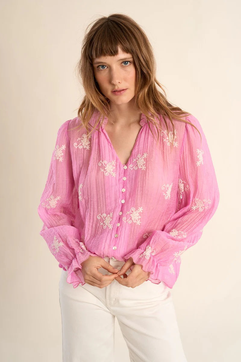 Ladies Woven Pink Floral Blouse
