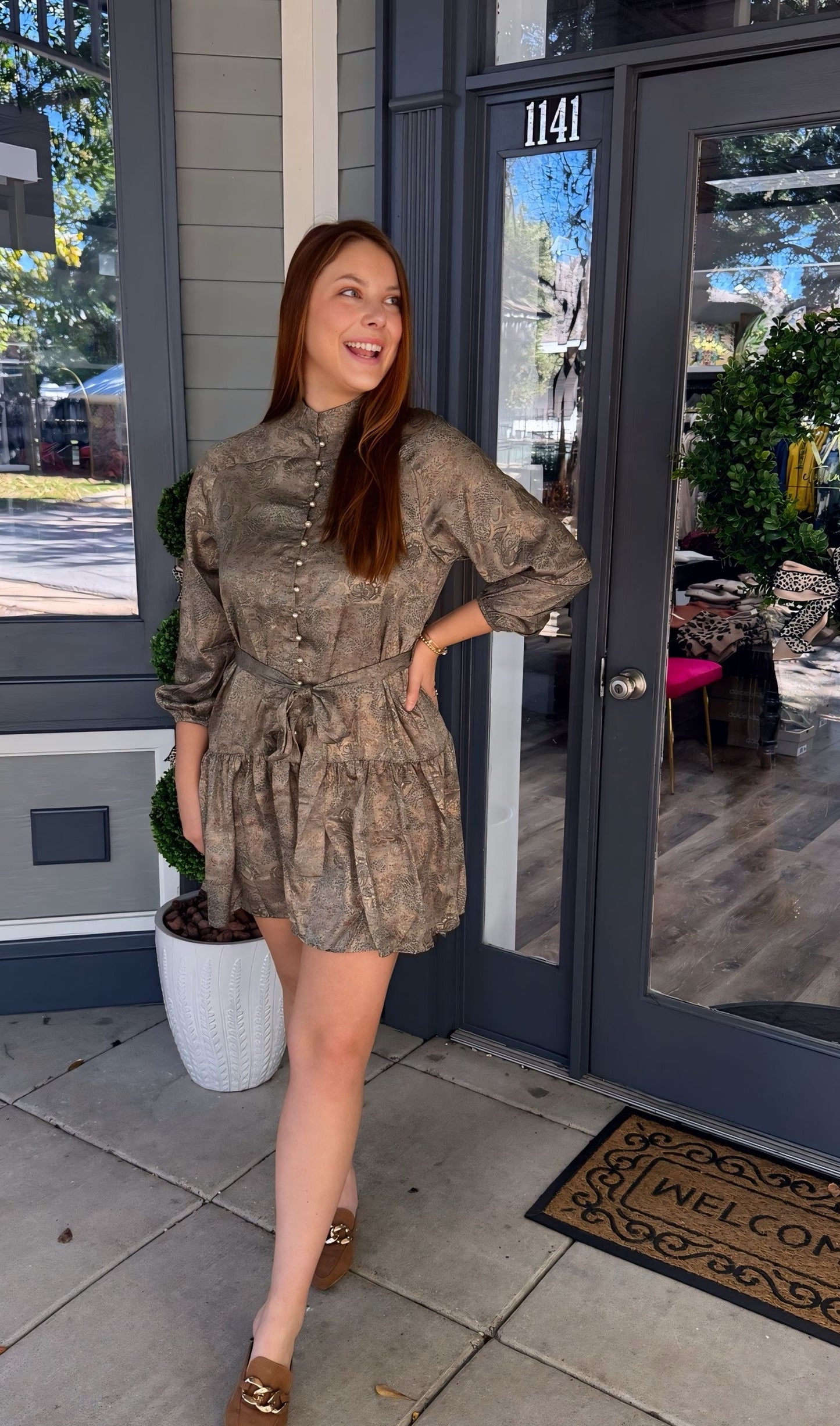 Golden Tapestry Button-Down Dress