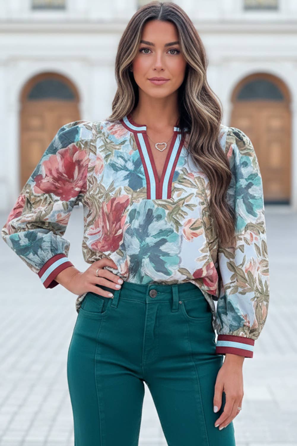 Floral Contrast Trim V Neck 3/4 Sleeve Blouse