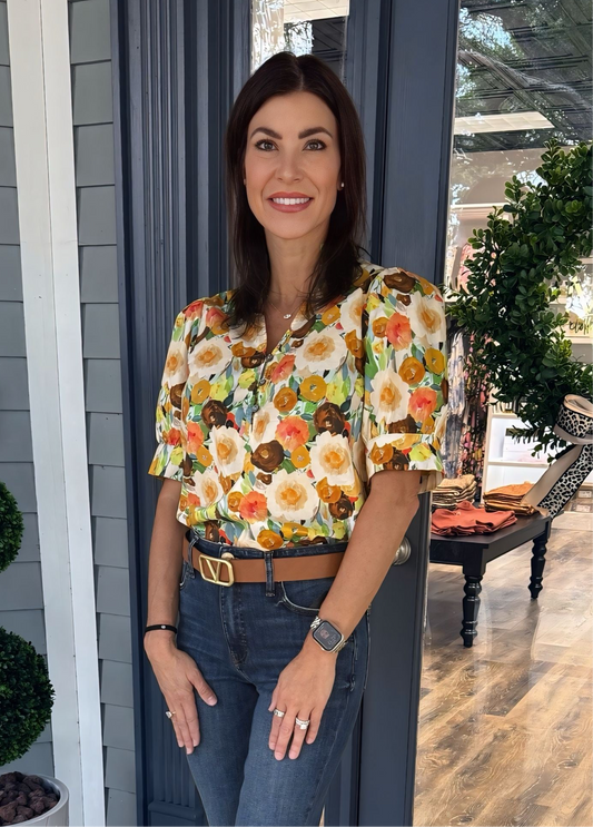 Camel Floral Puff Sleeve