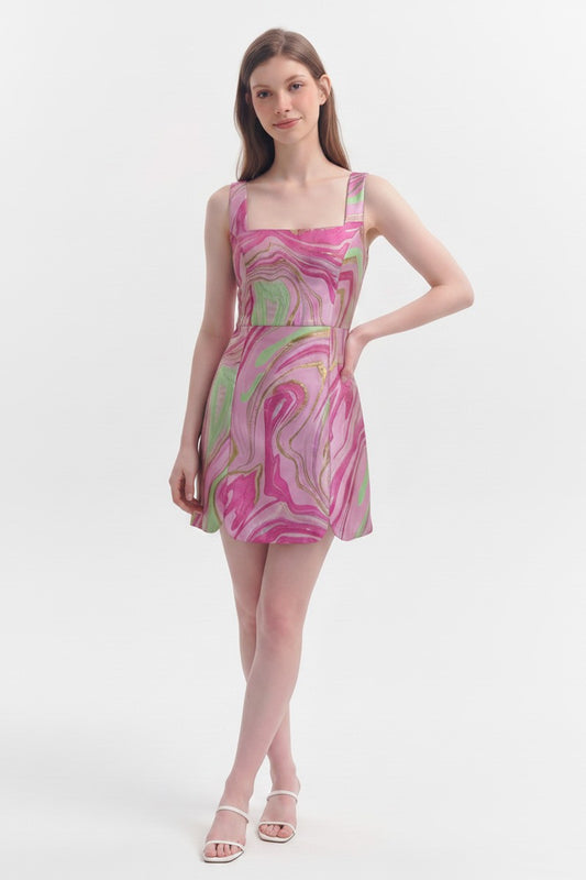 Pink Abstract Jacquard Scallop Hem Dress