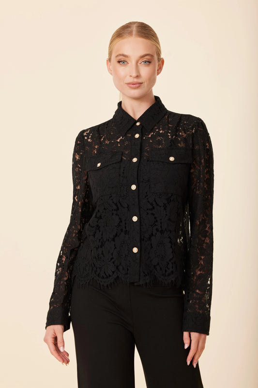 Lace Long Sleeve Pearl Button Down