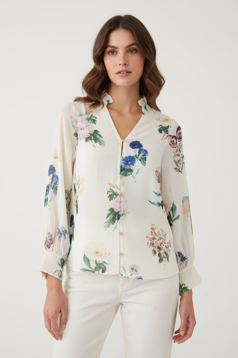 Cream Floral Bell Sleeve Blouse