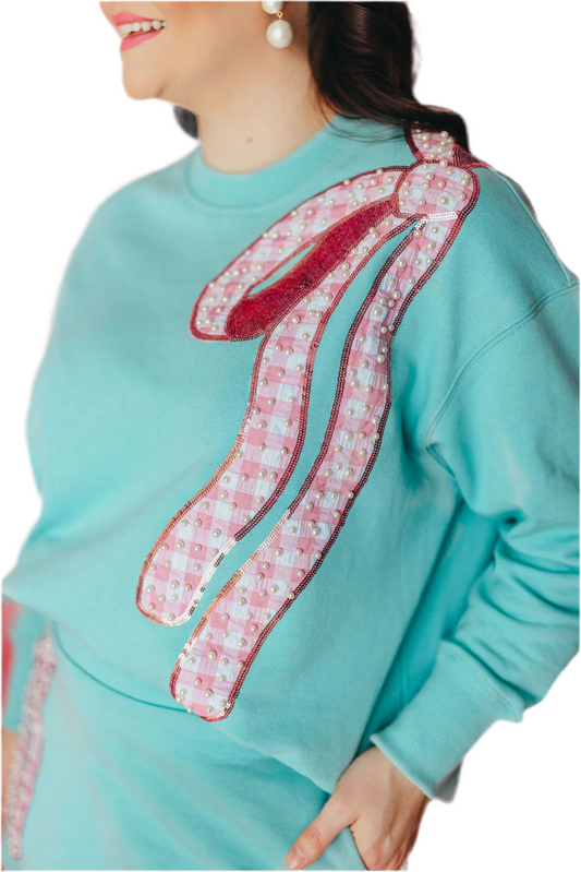 Robin Egg Blue Sweatshirt With Pink Gingham Bow