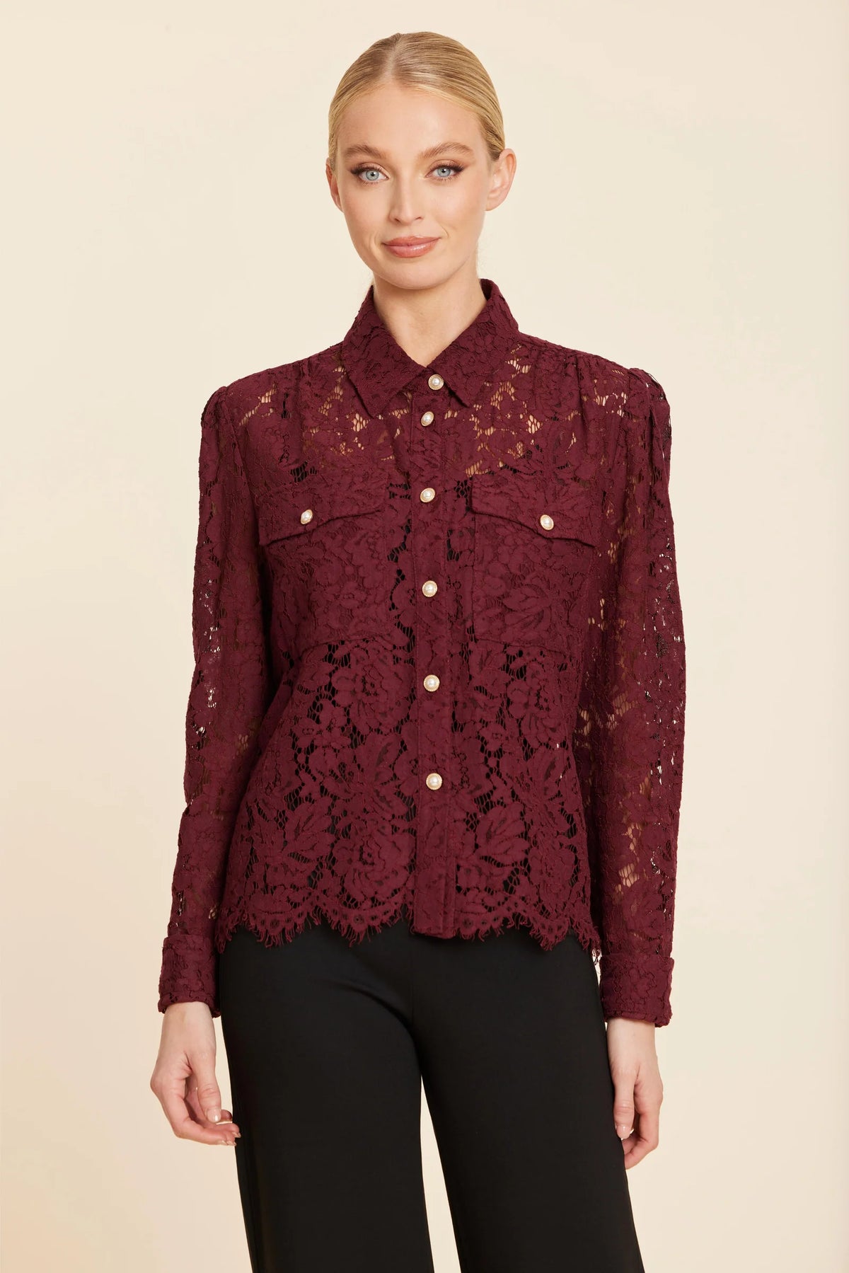 Lace Pearl Button Long Sleeve Blouse