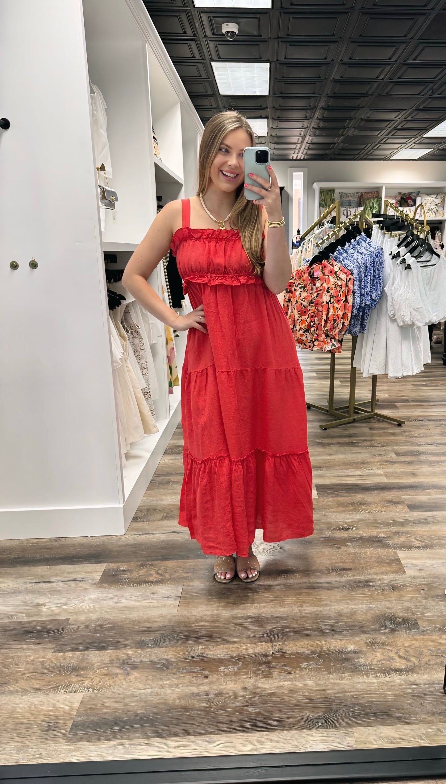 Red Flame Tiered Midi Sleeveless Dress