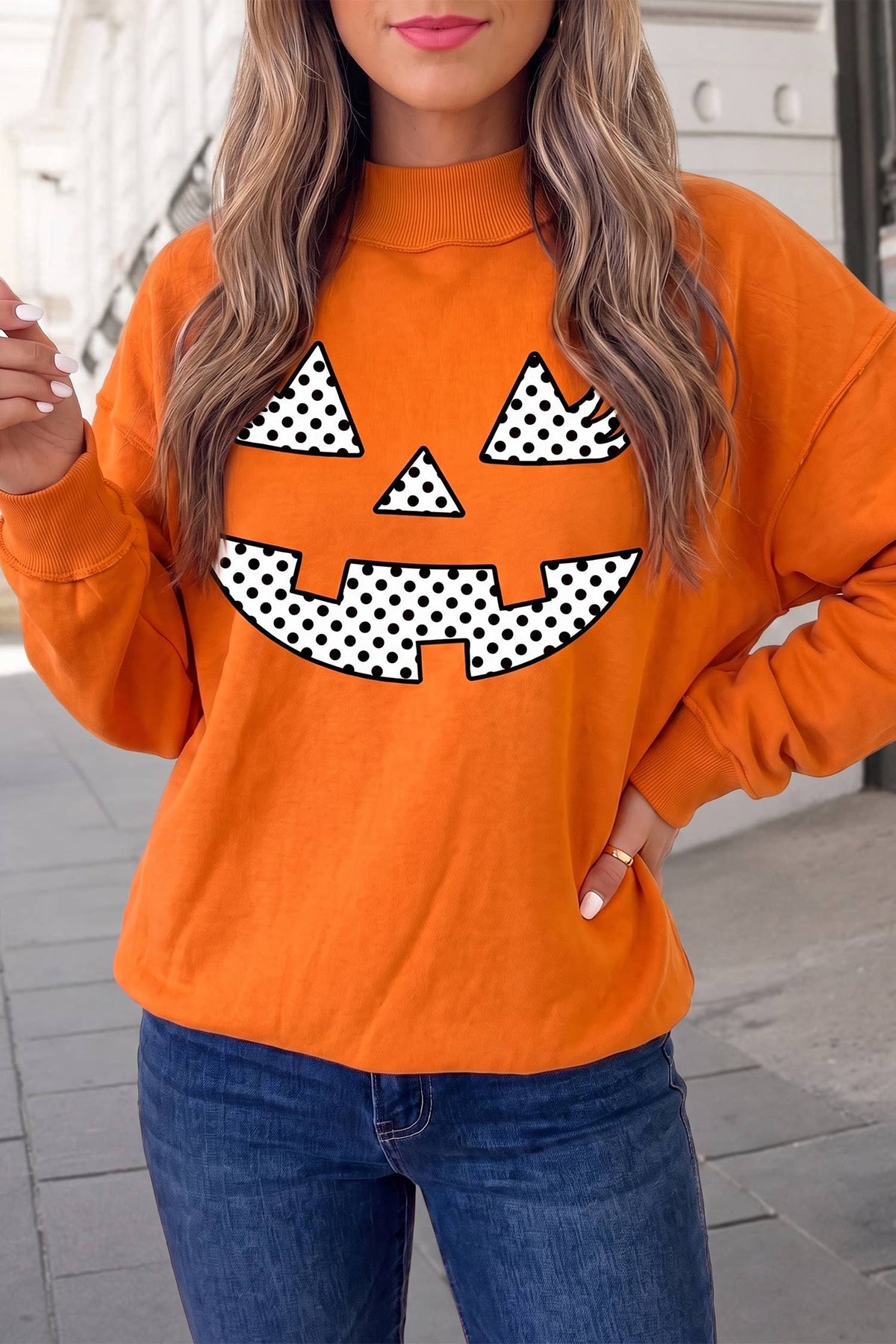 Halloween Pumpkin Face Graphic Mock Neck Sweatshirt