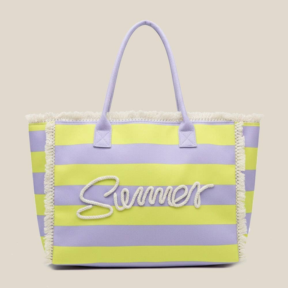 Striped Fringe Trim Summer Print Tote Bag