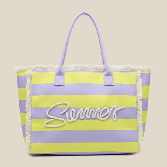 Striped Fringe Trim Summer Print Tote Bag
