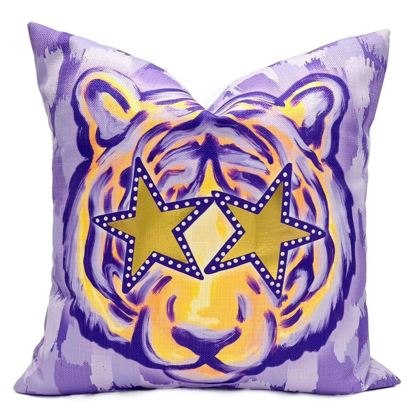 Gold Foil Purple and Yellow Preppy Tiger Pillow