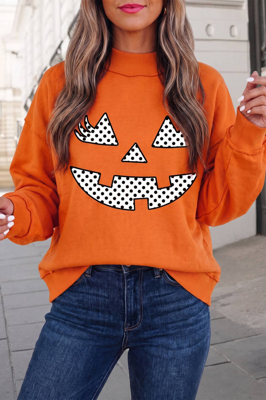 Halloween Pumpkin Face Graphic Mock Neck Sweatshirt