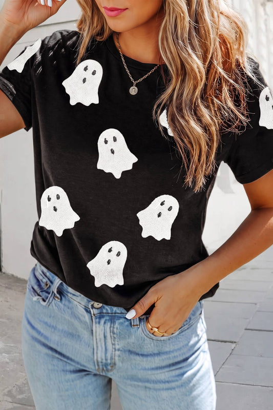 Sequin Halloween Ghost Graphic T Shirt