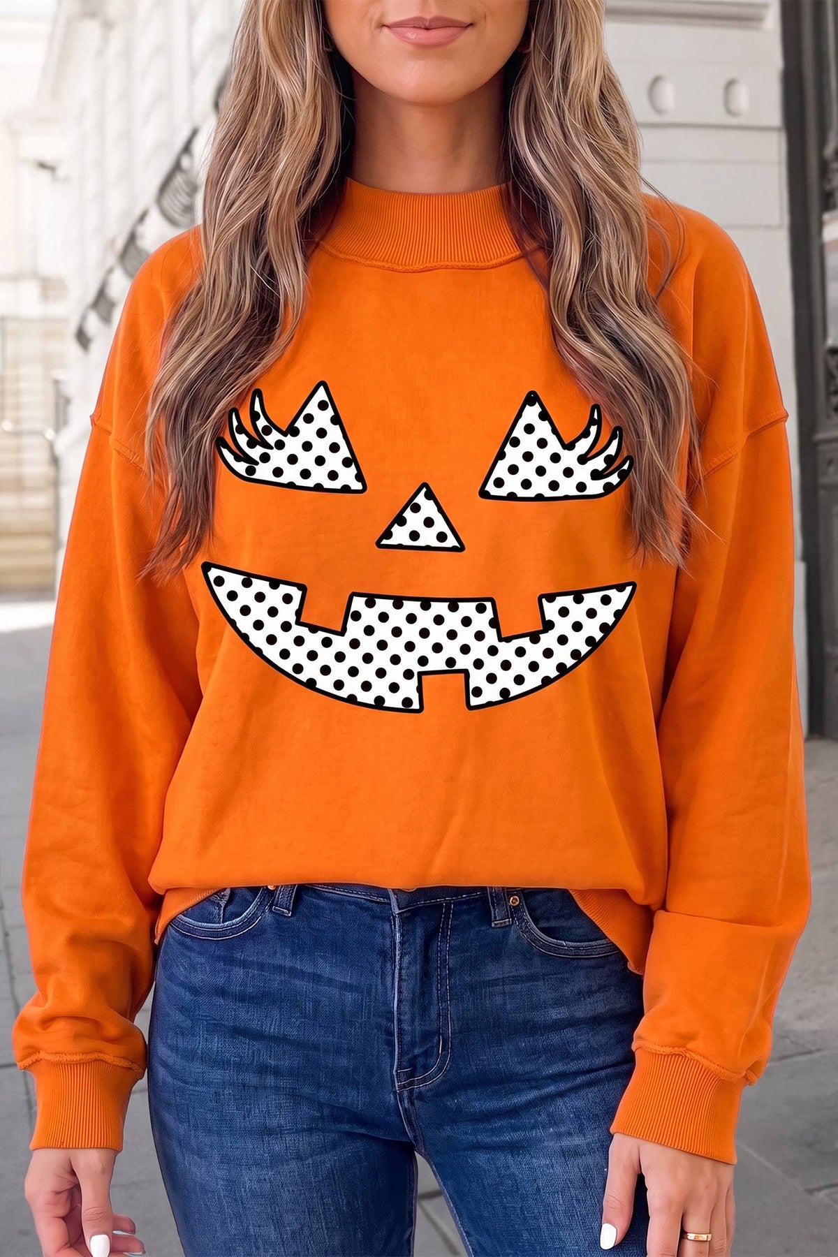 Halloween Pumpkin Face Graphic Mock Neck Sweatshirt