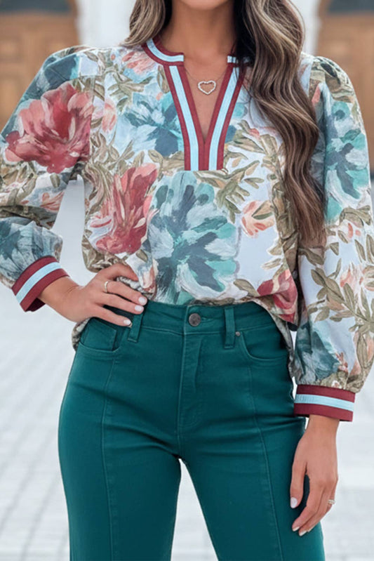Floral Contrast Trim V Neck 3/4 Sleeve Blouse
