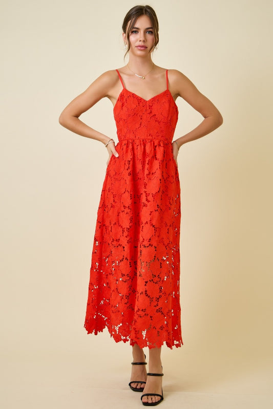 Red Lace Midi Dress