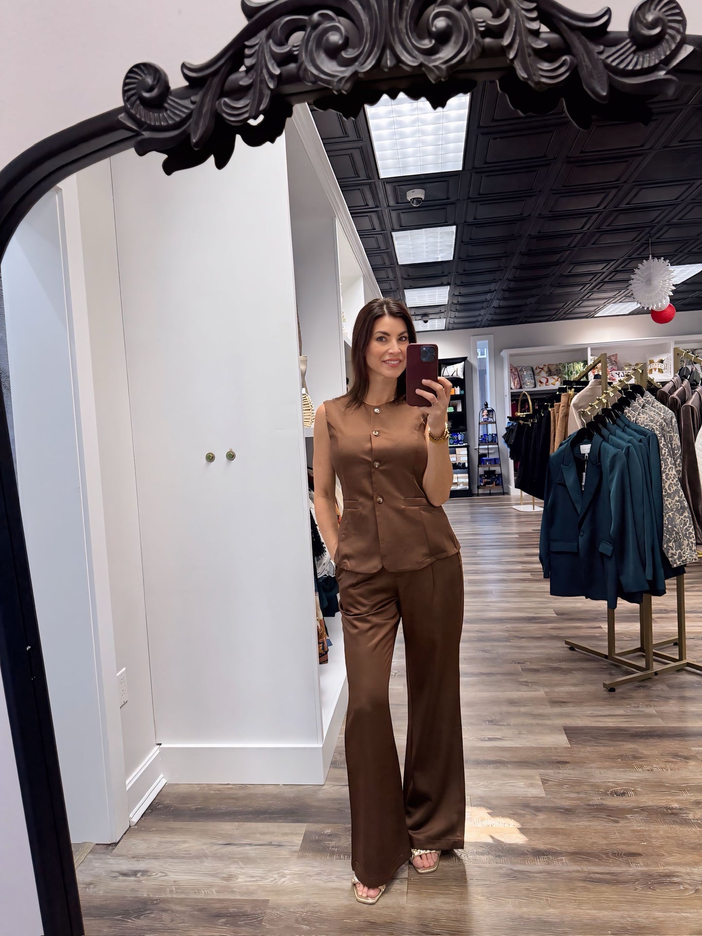 Sleeveless Button Down Chocolate Pant Suit Set