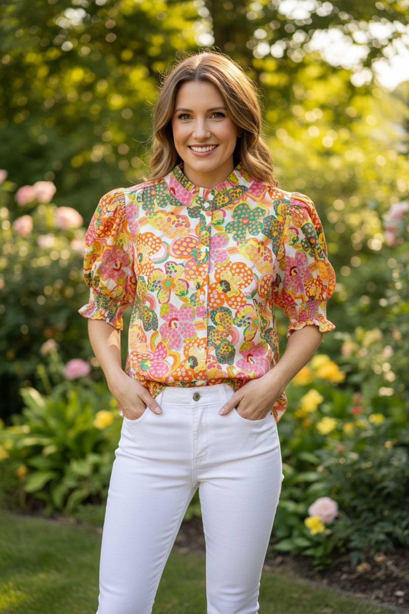 Multi Floral Puff Sleeve Blouse