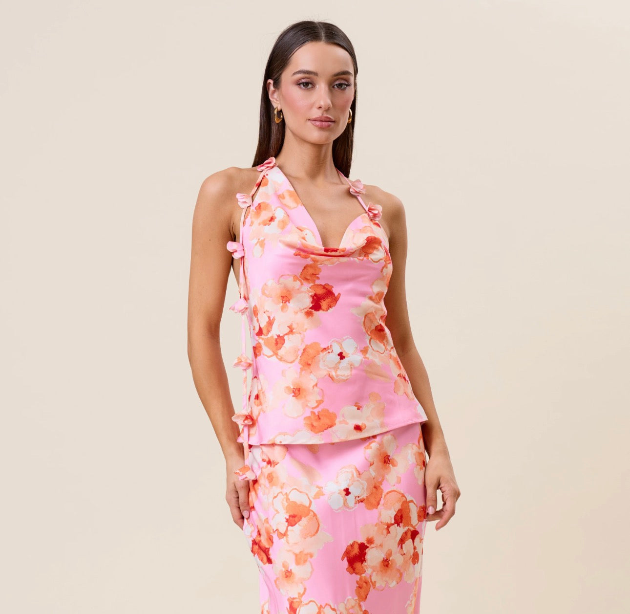 Floral Satin Printed Cowl Neck Top