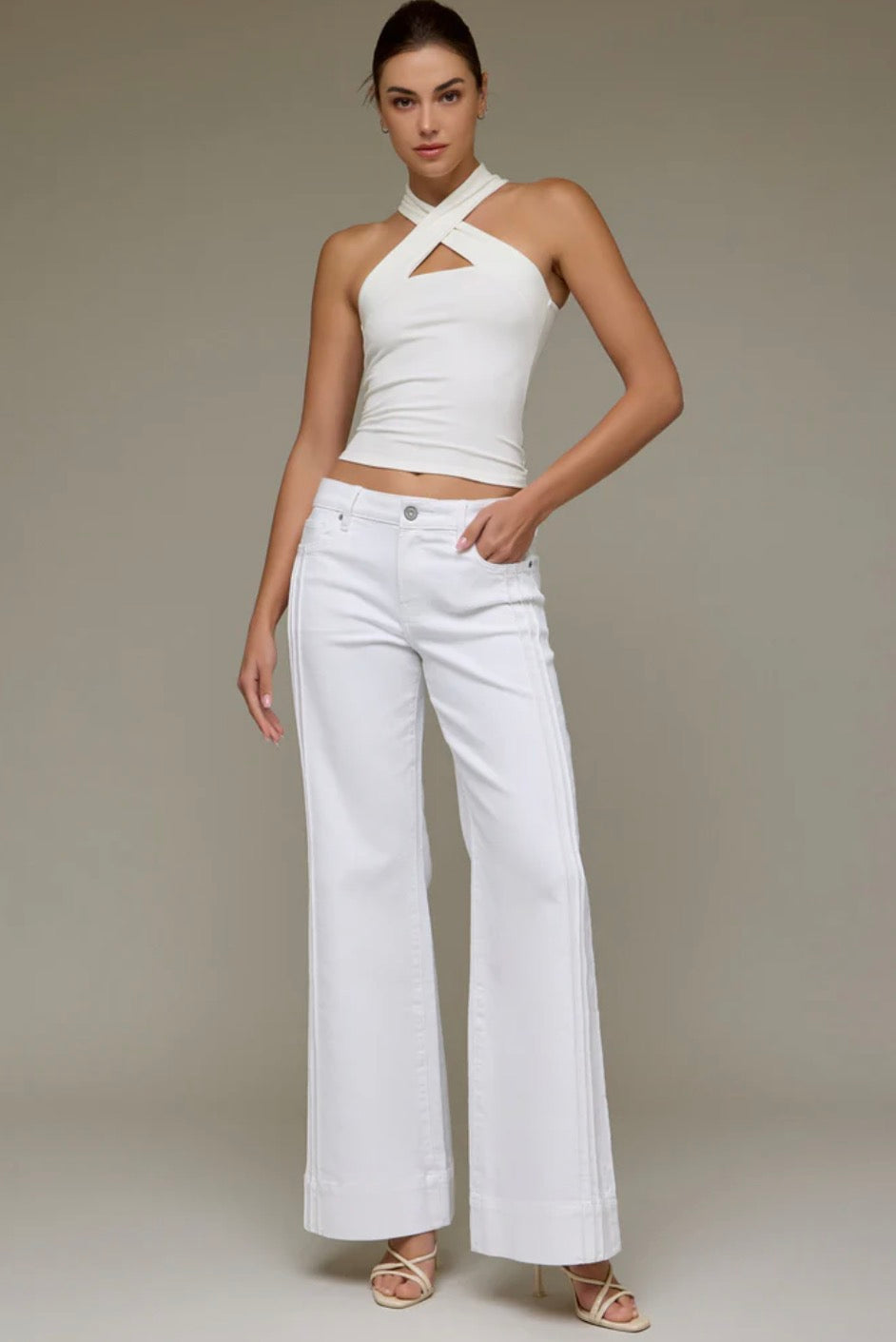 White Denim Pintuck Comfort Flare