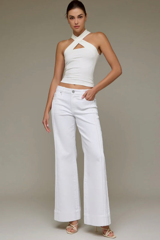 White Denim Pintuck Comfort Flare