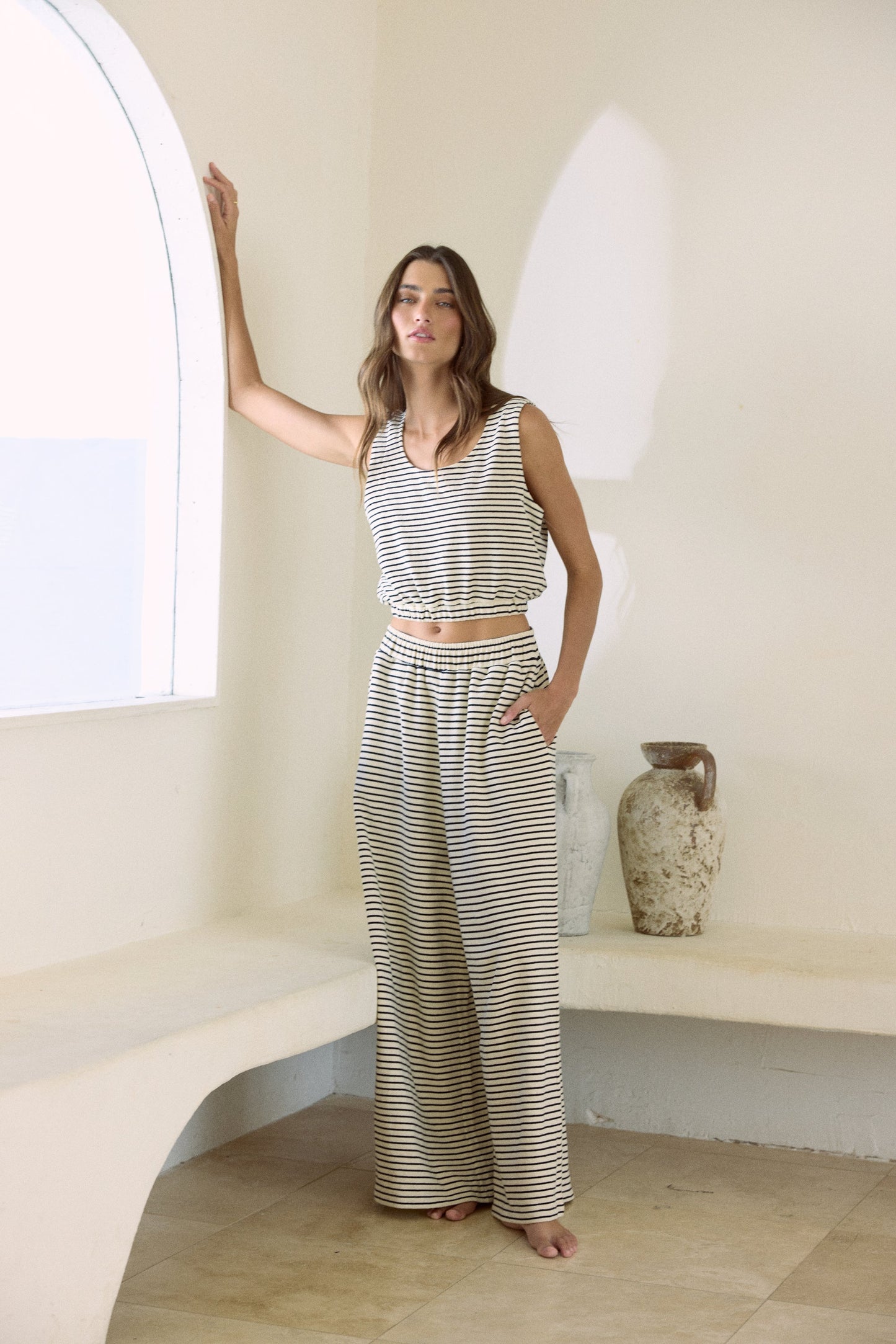 Ivory And Black French Terry Cloth Top