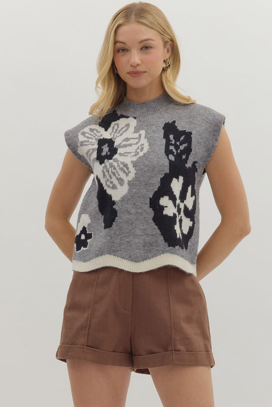 Grey Floral Cut Off Sweater