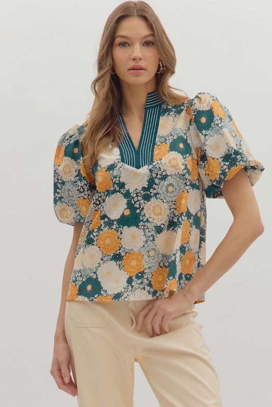 Teal Floral Puff Sleeve