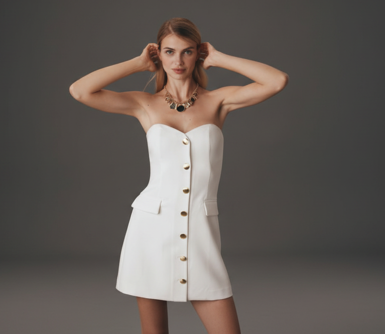Strapless Button Mini Dress